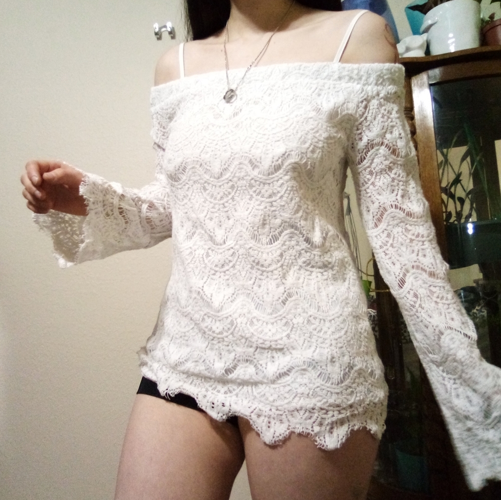 Crochet Lace Bell Sleeve Off Shoulder Shirt
